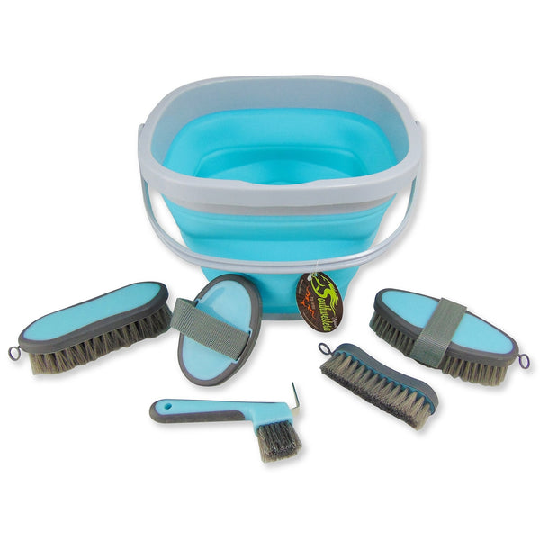 Collapsible Grooming Kit with 10 Liter Bucket and 5 Grooming Tools - Turquoise - SouthwesternEquineSWE-166007TQ