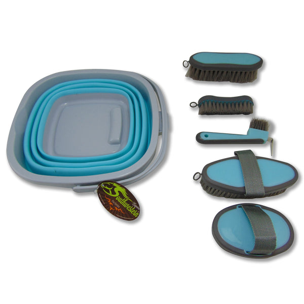 Collapsible Grooming Kit with 10 Liter Bucket and 5 Grooming Tools - Turquoise