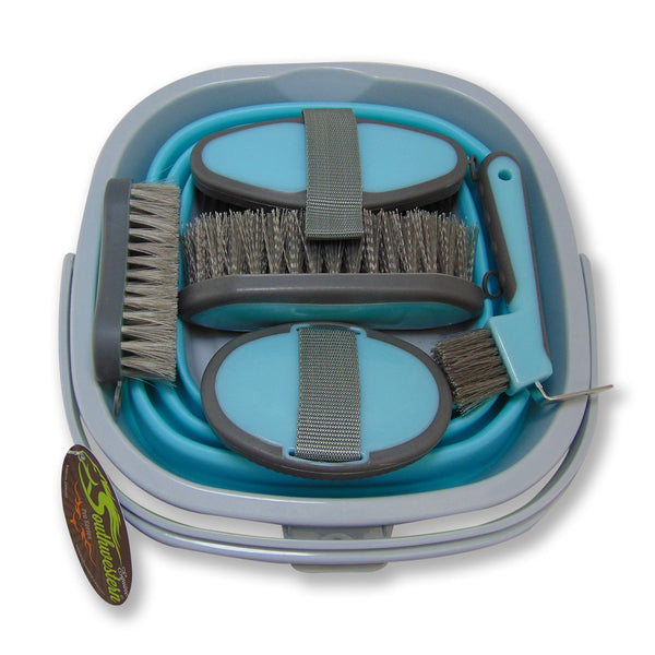 Collapsible Grooming Kit with 10 Liter Bucket and 5 Grooming Tools - Turquoise - SouthwesternEquineSWE-166007TQ