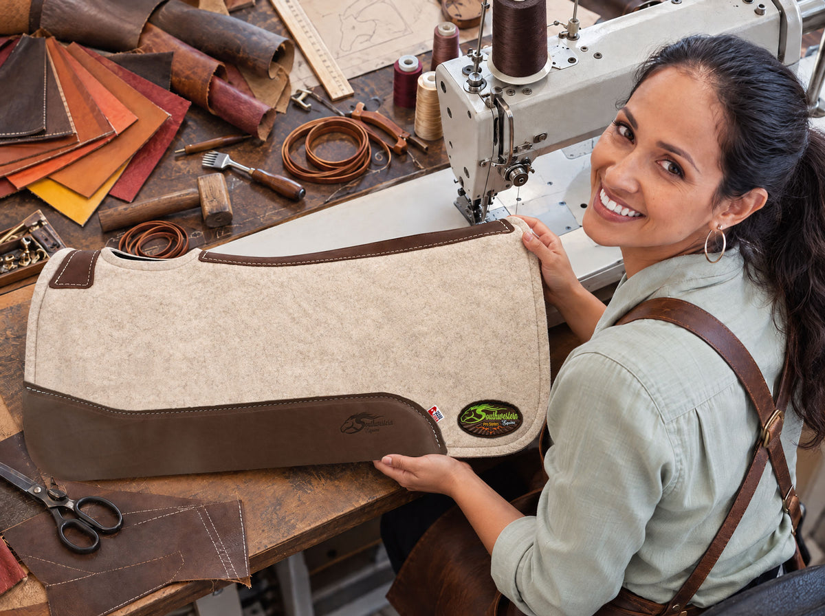 A woman holding a Southwestern Equine saddle pad beside an industrial sewing machine and leatherworking tools.