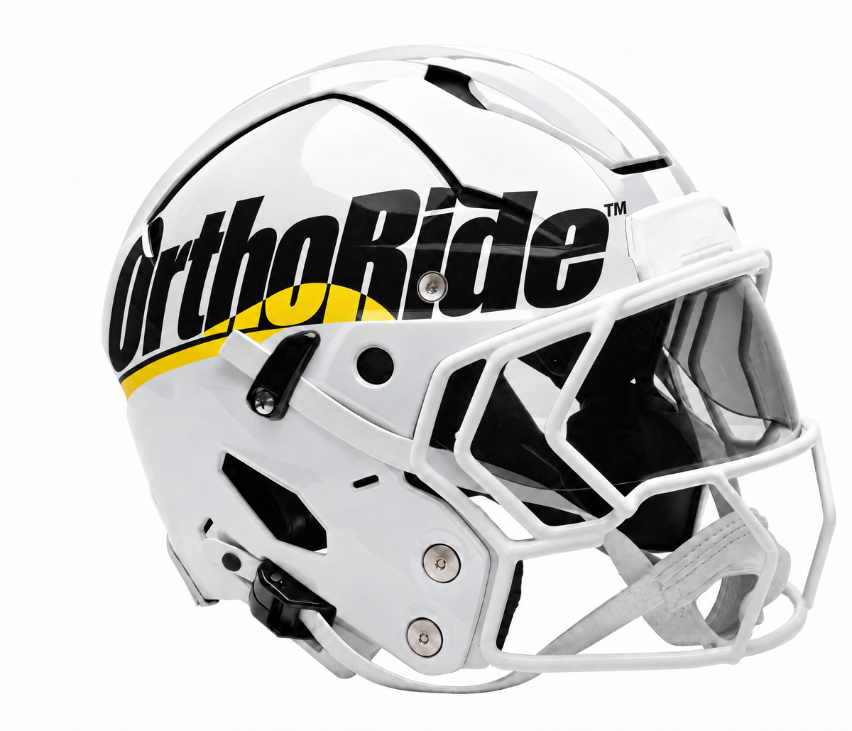 Illustration of a modern white football helmet with the OrthoRide logo.