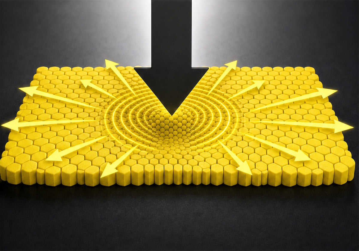 Material-response illustration of an impact pressing into yellow PORON XRD foam, with arrows spreading outward.